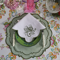 Serviette en lin carrée moderne jetable brodée à la main, motif fleur d'iris |   Serviette de table à bords festonnés pour table de réception de mariage