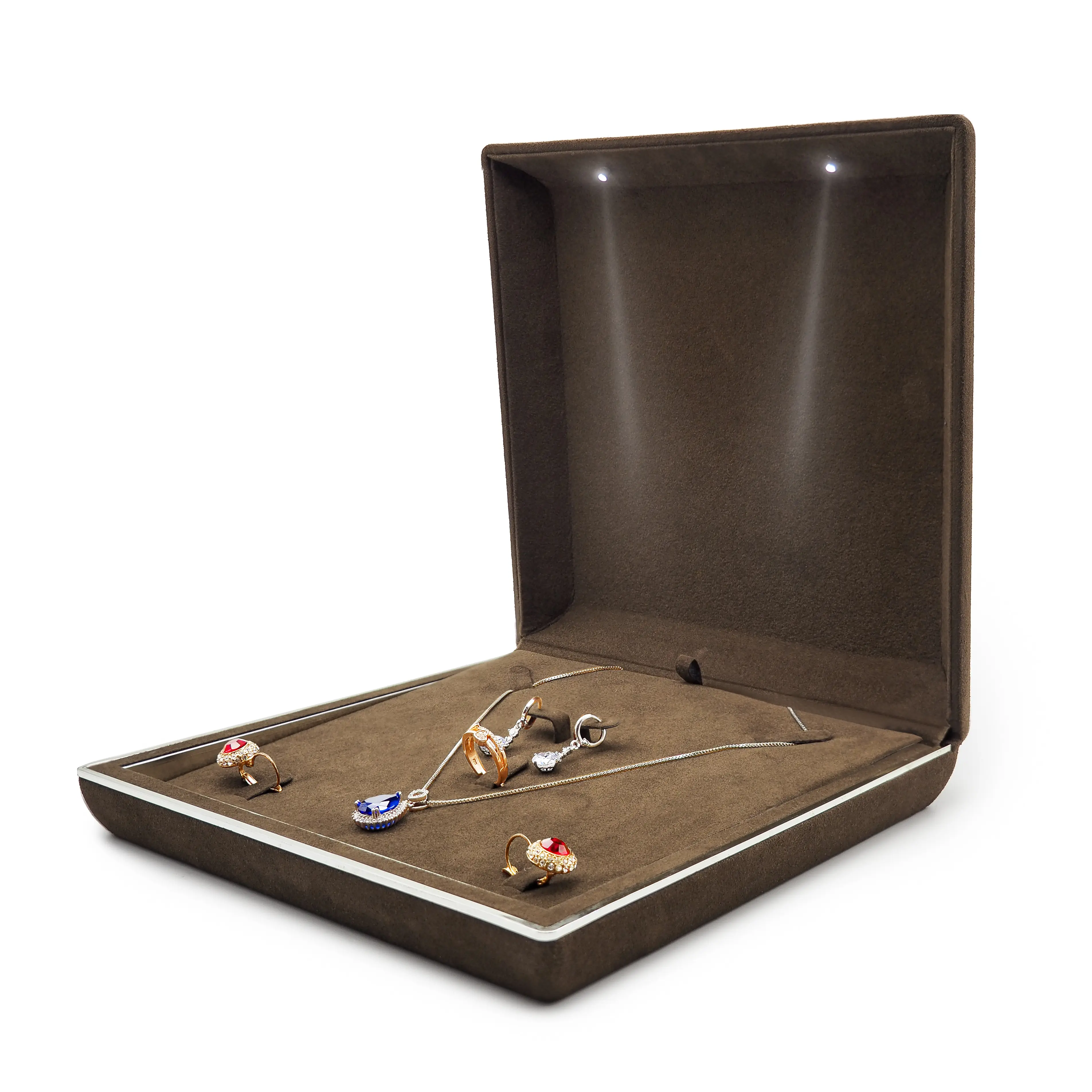 Led jewelry big set box organizer bracelet long chain ring box luxury led jewelry plastic jewel set packaging box