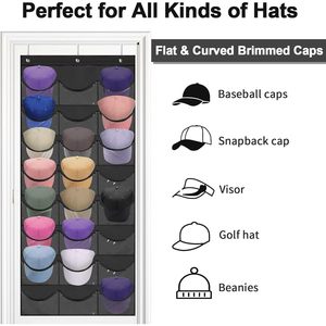 <b>Hat</b> Rack 24 Pocket Over Door Organizer With Hooks For Baseball Caps Clear Pockets Wall Mount Storage Black - Product Image 5