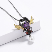 Bijoux exquis kyll0624 Style rétro collier gothique Unique exagéré en forme d'aile plaquée noire en Zircon violet en forme d'amour