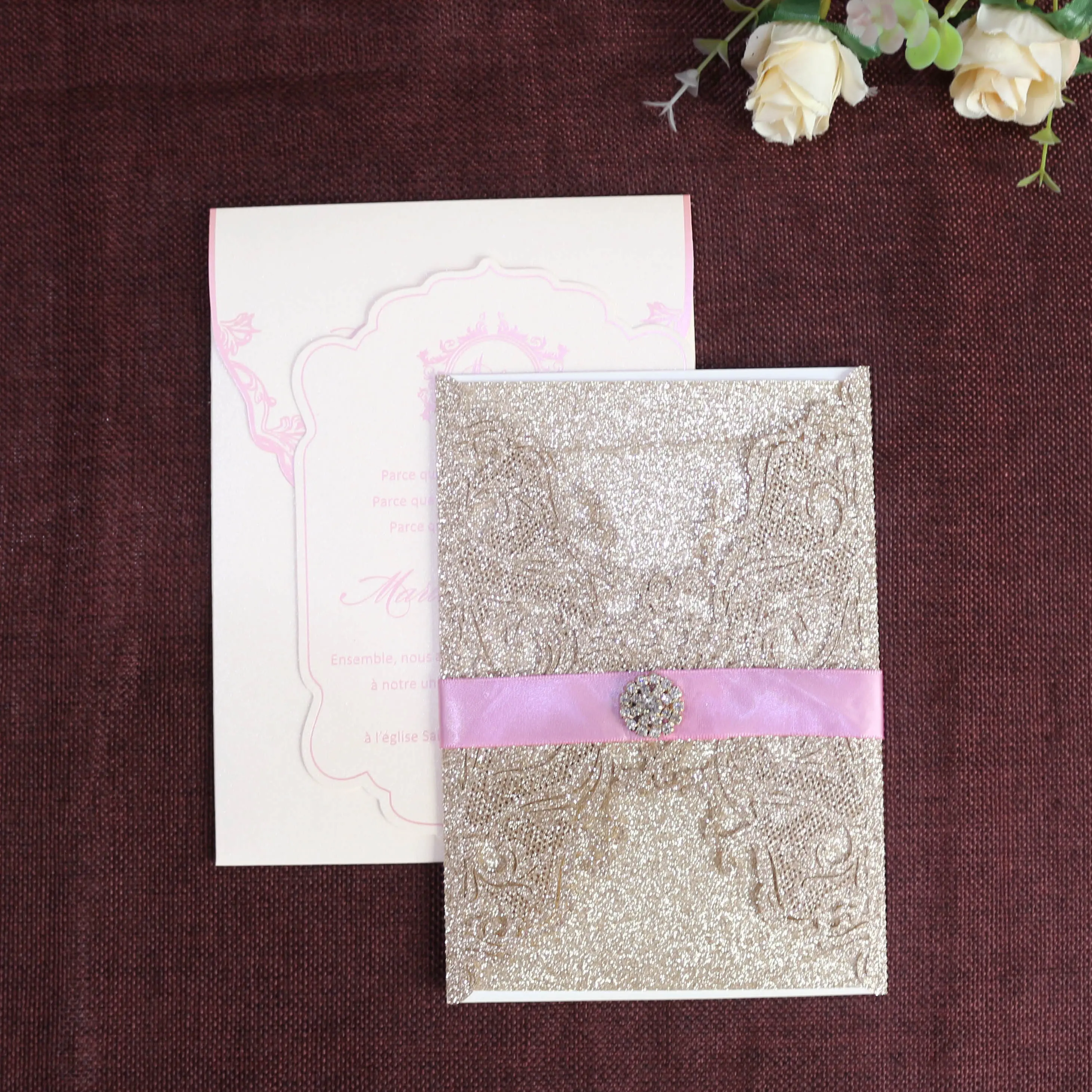 Convite de casamento personalizado glitter, cobertura de papel de convite de casamento com laser, cartão de corte a laser, convite de rosa, casamento e aniversário
