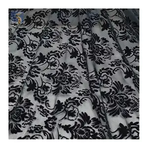 Factory Wholesale Sexy Lingerie Custom Black Flocking Pattern Mesh Fabric 4-Way Stretch Power Mesh Fabric with Flocked