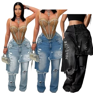 <span class=keywords><strong>Bonne</strong></span> <span class=keywords><strong>qualité</strong></span> Hip Hop déchiré <span class=keywords><strong>jean</strong></span> Stretch coupe droite bleu <span class=keywords><strong>Jean</strong></span> Sexy femmes taille haute élégant Patchwork Denim pantalon droit - Product Image 1