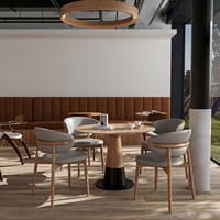 Design d'intérieur de café industriel moderne avec comptoir de bar en bois courbé et ensemble de mobilier de restaurant sur mesure