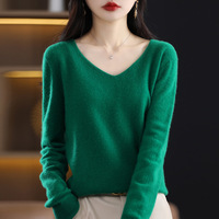 Suéter de Punto sin Costuras 100% Lana Pura para Mujer, Primavera 2026, Cuello en V, Color Sólido, Estilo Coreano, Manga Larga