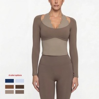 TongJoes Ensemble de yoga color-block effet deux pièces avec haut long en dentelle à col licou, coupe ajustée, respirant, polyvalent, pour le sport et le fitness, à manches