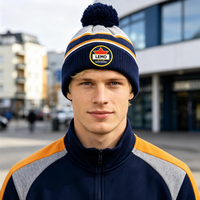 Casquette personnalisée à étiquette privée, motif géométrique rayé en jacquard, logo circulaire brodé, bonnet d'hiver à revers, 100% acrylique