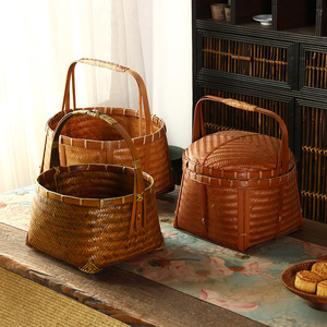 Cesta Redonda Tejida de Bambú Estilo Chino 1-3L, Cesta de Picnic Hecha a Mano para Almacenamiento - Product Image 1