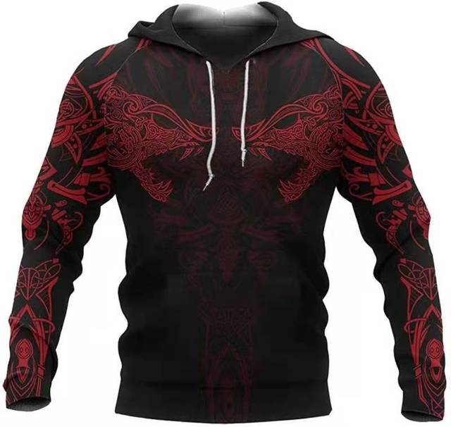 Men's Viking Warrior Print Hoodie WJH33 Streetwear Hip Hop Pullover Casual Nordic Mythology Sweatshirt for Men