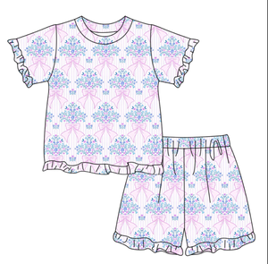 GSSO3322 Ensemble d'été personnalisé pour petite fille, motif fleurs violettes, tenue d'été pour enfants, vente en gros, ensemble short et manches courtes pour fille - Product Image 5
