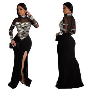 Vestido Maxi de Alta Calidad para Mujer, Estilo Trompeta, Cintura Imperio, Abertura Lateral, Elástico, con Pedrería, Encaje, Transparente - Product Image 1