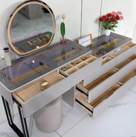 Ensemble coiffeuse moderne en bois blanc avec éclairage, tiroirs de rangement irréguliers et chaise de maquillage pour salle de bain, chambre et maison