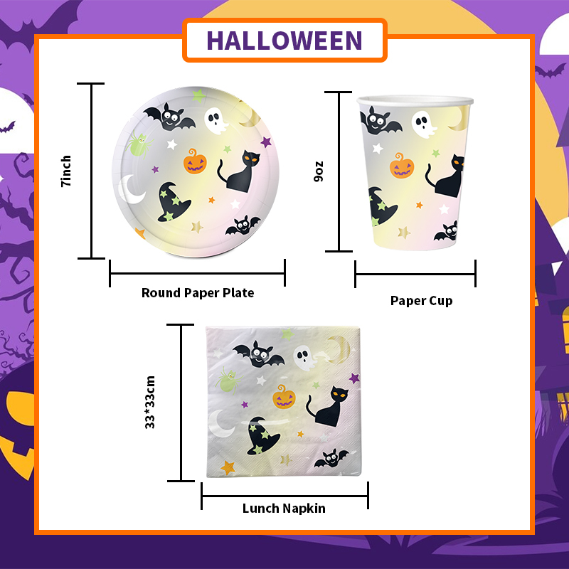 Xieli Ensemble de vaisselle jetable de fête d'assiettes en papier d'Halloween Fournitures de fête d'Halloween