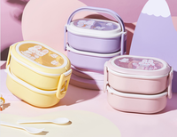Boîte à lunch ovale à 2 niveaux avec couvercle transparent, thème lapin Kawaii, mignonne, pour enfants, avec fourchette et cuillère, fermeture à clip