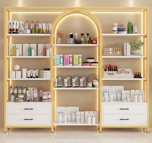 Étagères de présentation de luxe en bois pour magasins de beauté 2025, présentoirs de soins de la peau, étagères murales métalliques pour cosmétiques pour boutiques de cosmétiques - Product Image 1