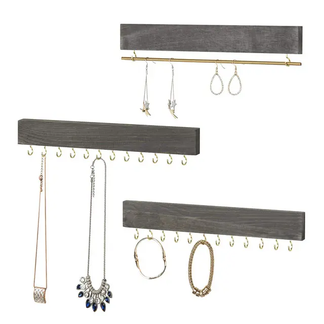 Vintage Gray Wood 3 Piece Wall Mounted Jewelry Rack Set
