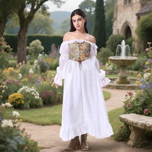 Renaissance Dress Women Off The Shoulder Corset Dress White Floral Print A Line Chiffon Costume Cosplay Princess Fairy Elf - Product Image 6