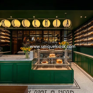 Muebles Personalizados para Panadería, Mostrador de Servicio con Tapa de Mármol, Vitrina de Vidrio, Estante de Madera, Juego de Asientos de Barra para Panadería o Cafetería - Product Image 1