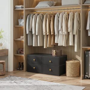 <span class=keywords><strong>Commode</strong></span> autoportante noire avec structure métallique, plateau en <span class=keywords><strong>bois</strong></span>, 4 tiroirs en tissu. Rangement empilable pour placards, convient aux chambres <span class=keywords><strong>et</strong></span> aux espaces sous le lit. - Product Image 5