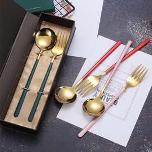 Cuillère ronde en titane multicolore 304, manche long, pour Bibimbap coréen, ensemble de fourchettes en coffret cadeau - Product Image 1