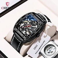 Montre automatique tonneau lumineuse de haute qualité avec bracelet en cuir, montre mécanique squelette de luxe pour homme, idéale pour le business et la mode