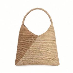 Bolso de Playa de Rafia Fina Hecho a Mano para Mujer, Bolso Tote de Paja de Papel Tejido a Crochet de Dos Tonos para Viajes de Verano - Product Image 3
