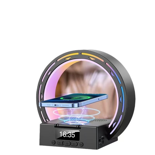 Creative Wireless Charging Multifunctional Speaker with RGB LED Lighting Bedside/Table Lamp & Alarm Clock for Mobile Phone Gift