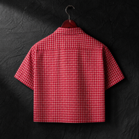 Kemeja Pria Lengan Pendek Motif Tartan Merah Putih Kustom, Katun Premium Bernapas, Motif Kotak-kotak Mikro, Kasual Musim Panas, Kemeja Kancing Pria