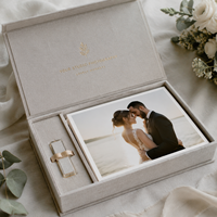 Boîte rigide sophistiquée en forme de livre en lin pour photos de mariage de luxe et emballage professionnel sur mesure pour studio