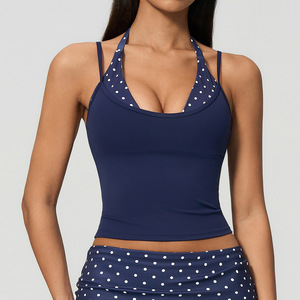 UV Protection Polka Dot 2 Piece Yoga Set Halter <b>Crop</b> <b>Top</b> Fold-over Waist Shorts 4-way Stretch Quick Dry Ruched Design Fitness - Product Image 5