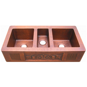 Évier de luxe en cuivre, tablier de ferme, évier martelé <span class=keywords><strong>vintage</strong></span>, triple bol de cuisine, évier rectangulaire pour poste de travail - Product Image 2