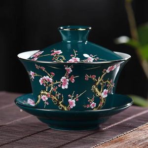 Hand-Painted Traditional Chinese Crane Rose Porcelain Gaiwan Set Green Lacquer <b>Tea</b> Bowl Saucer Infuser-Heat-Resistant <b>Tea</b> Set - Product Image 6
