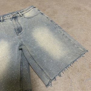 OEM ODM Denim Shorts Double Vintage Distressed Blank Cargo Loose Baggy Denim Jeans Shorts Acid Washed Faded Rhinestone Jorts - Product Image 3
