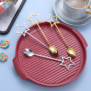 Cuchara de acero inoxidable 304, cuchara con estrella dorada, cuchara para mezclar con diseño de dibujos animados, cuchara de postre con estrella de cinco puntas, recuerdo de boda - Product Image 1