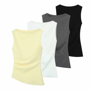 Haut froncé jaune pour femme, collection été 2026, débardeur asymétrique décontracté pour la plage - Product Image 1