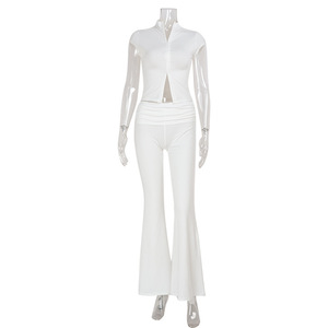 <span class=keywords><strong>Ensemble</strong></span> 2 pièces pour <span class=keywords><strong>femme</strong></span> Sehe Fashion : Haut à col montant zippé, manches courtes, taille froncée et <span class=keywords><strong>pantalon</strong></span> évasé - Product Image 5