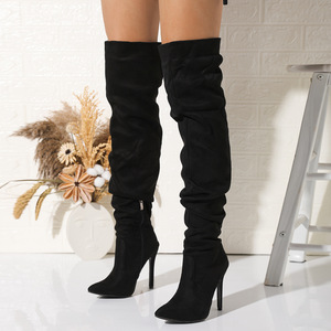 Botas <span class=keywords><strong>Unisex</strong></span> de Tacón Alto, Estilo Stiletto, Punta Puntiaguda, Gamuza Retro, Plegables, por Encima de la Rodilla, con Cierre Lateral, Color Negro - Product Image 3
