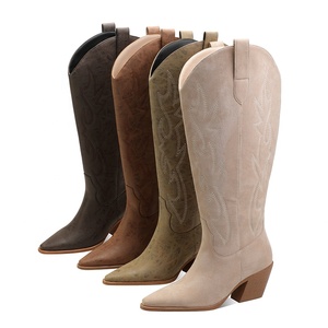 Stivali da cowboy da donna alti fino al ginocchio, extra larghi per polpacci, in finta pelle scamosciata <span class=keywords><strong>beige</strong></span>, stile western mimetico, comodi, con punta affusolata e tacco grosso - Product Image 5