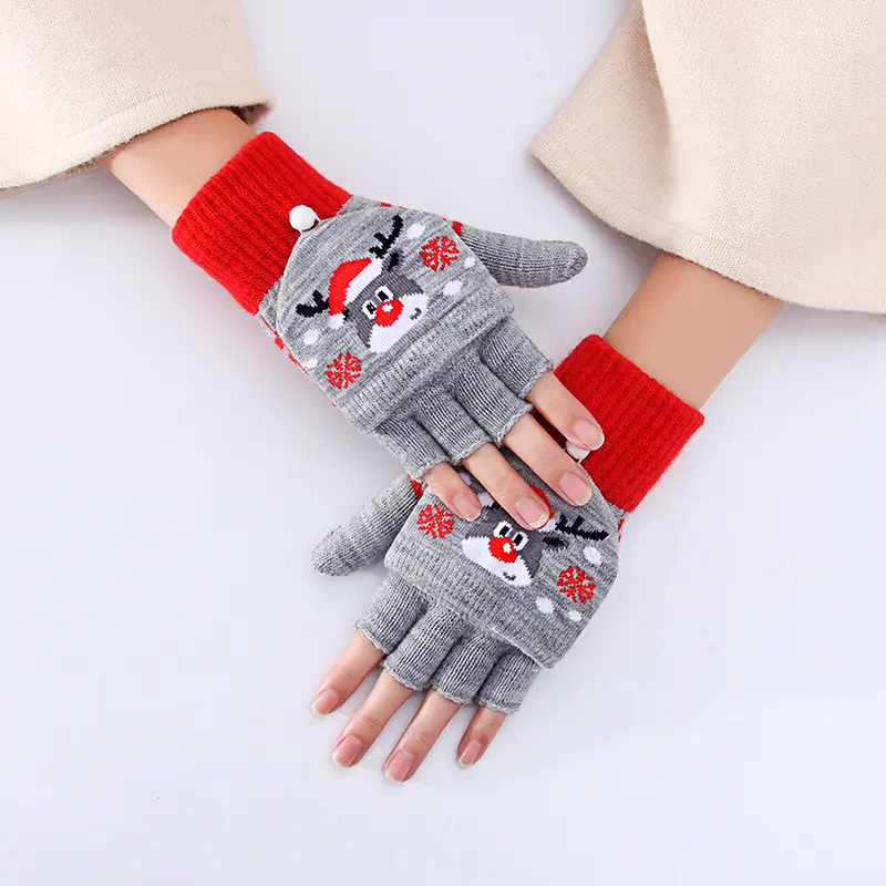 women men Winter Half Finger Flap Christmas pattern Knitted Wool Student Writing Game Open Finger Gloves Wholesale