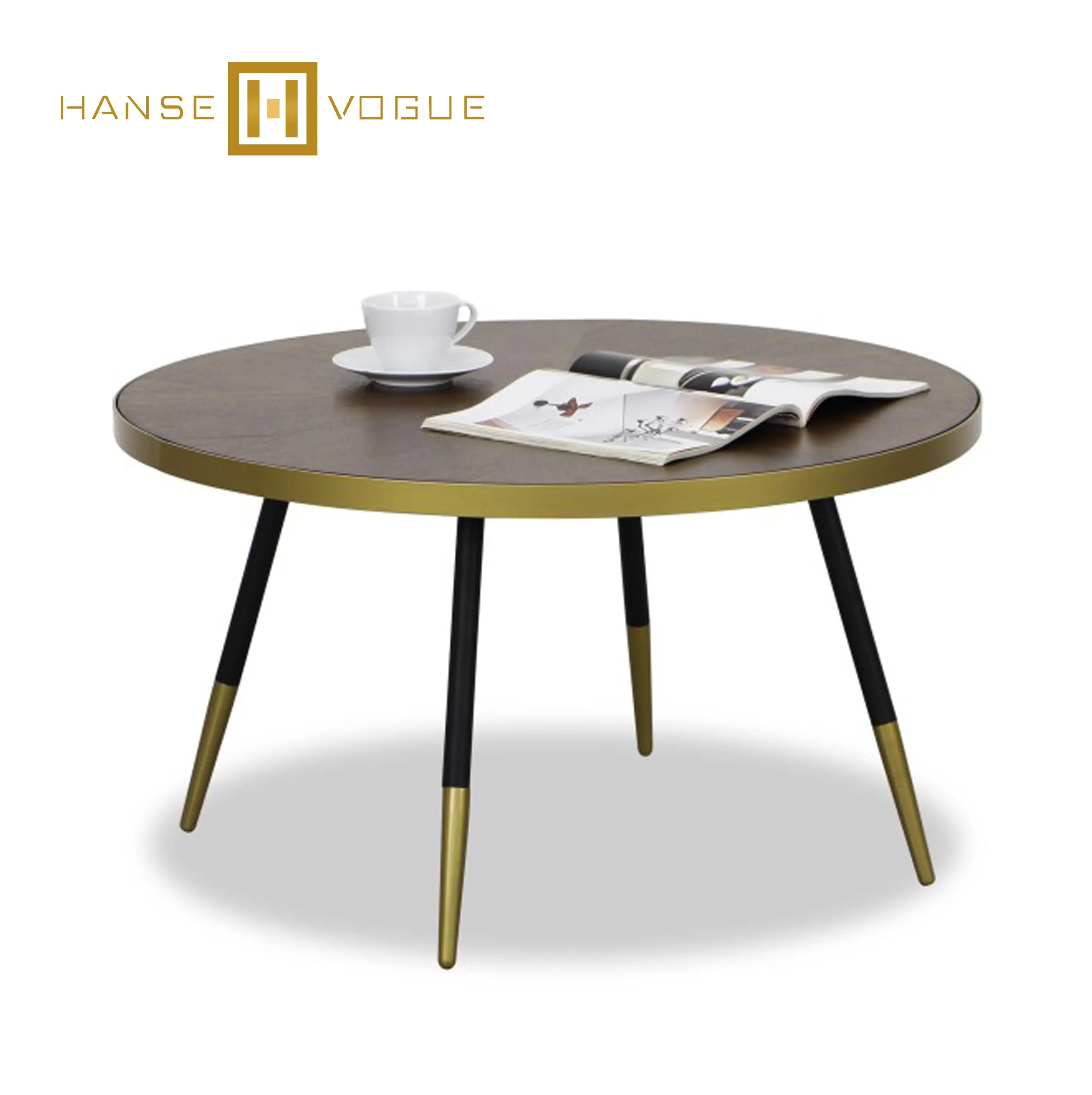 Moderne Runde Nussbaum mdf mit Furnier Finish Metall Pulver-beschichtet Messing Finish Rahmen und Bein Kaffee Tisch
