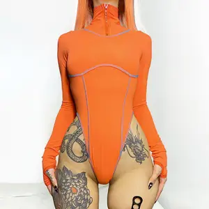FS5408A Bodysuit Kurus Wanita, Pakaian Keluaran Baru Neon Lengan Panjang Oranye