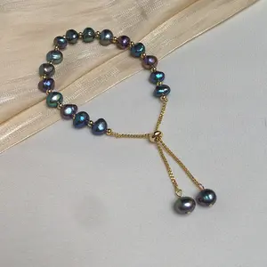 New fashion pull adjustable copper 14K gold 7mm freshwater pearl bracelet