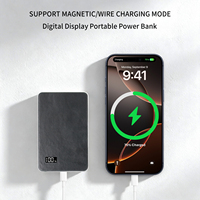 Batterie externe portable en cuir véritable ultra-mince avec affichage LED, chargement magnétique sans fil et filaire, double fonction de charge, vente en gros d'usine