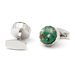 Boutons de manchette pour hommes personnalisés et créatifs, pierre ronde de couleur verte en bas, boutons de manchette en argent pour chemise - Product Image 2