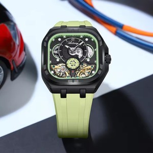 AILANG Montre mécanique pour homme, cadran analogique tourbillon, boîtier noir, bracelet en silicone bleu, mode luxe, boîtier polygone 43 mm - Product Image 6