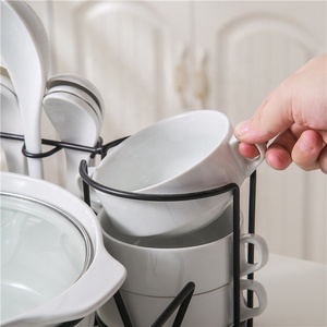 Set Perlengkapan Makan: Panci Sup Keramik Putih 10,5 Inci dengan 6 Mangkuk 6x6,25 Inci, 1 Sendok 8,75 Inci, 6 Sendok 5,25 Inci, dan Rak Logam Hitam - Product Image 3