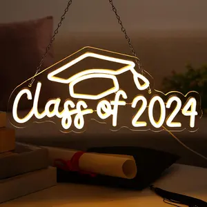 졸업 모자와 2024 네온 사인 졸업 벽 장식의 클래스 아크릴 벽 예술 조명 대학원 파티 장식을위한 마운트