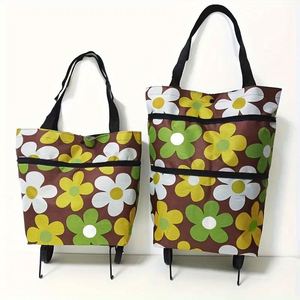 2 1 <b>Foldable</b> Shopping <b>Trolley</b> Wheels Oxford Fabric Collapsible Reusable Tote Bag Letter Pattern Die Cut Handle Shoulder - Product Image 3