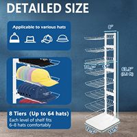 Présentoir à chapeaux à 8 niveaux, support pour jusqu'à 70 casquettes, présentoirs à chapeaux en métal pour plusieurs chapeaux, présentoir commercial pour chapeaux, blanc