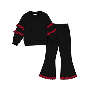 Tenue de mode pour filles : Haut uni rouge à volants et pantalon cloche, imprimé équipes scolaires personnalisées, thème vacances. Vente en gros, usine de vêtements pour enfants et boutiques. - Product Image 2